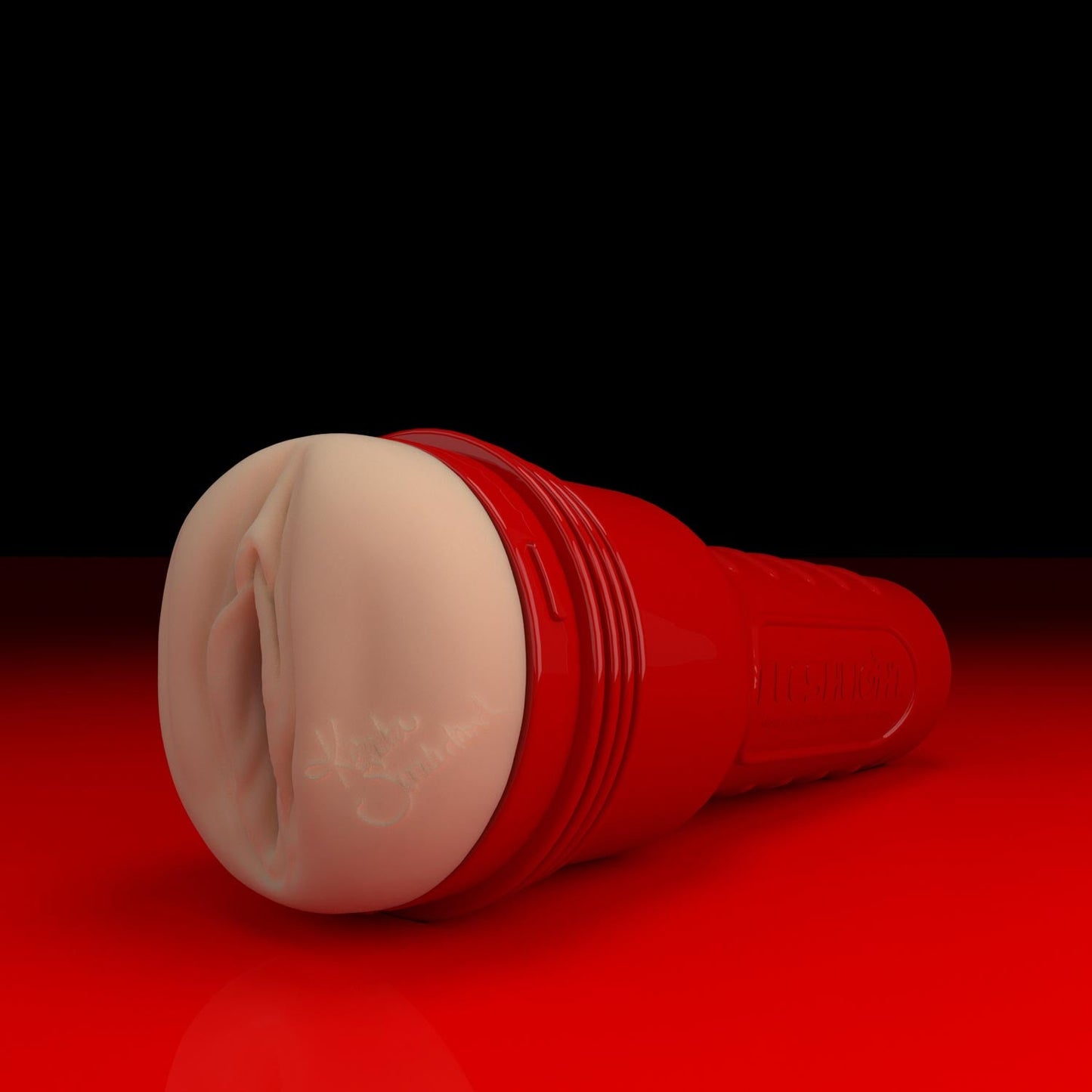 Angled shot of Kendra Sunderland's Ricky Room pussy Fleshlight in red case.